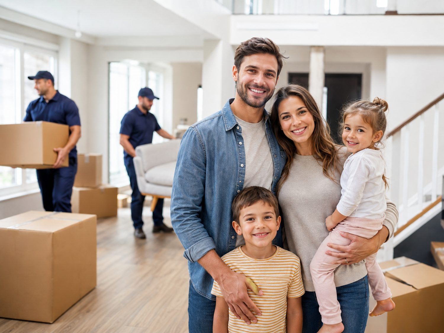 A happy family in their new home as Anchor movers carry boxes
